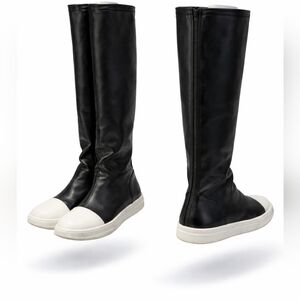 Black Leather Knee-High Sneaker Boots with White Cap Toe